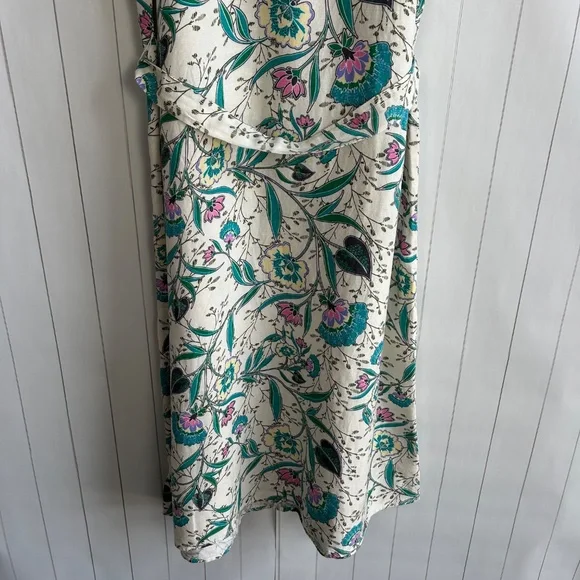 LOFT size L puff sleeve midi dress linen blend beige floral belted split neck - Picture 12 of 16